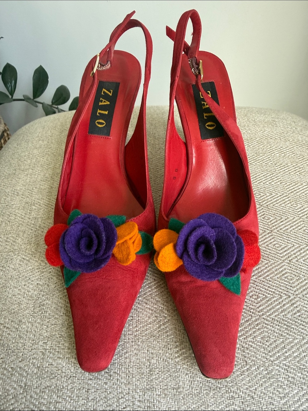 Vintage Zalo Red Suede Slingback Heels with Purple, Orange & Green Floral